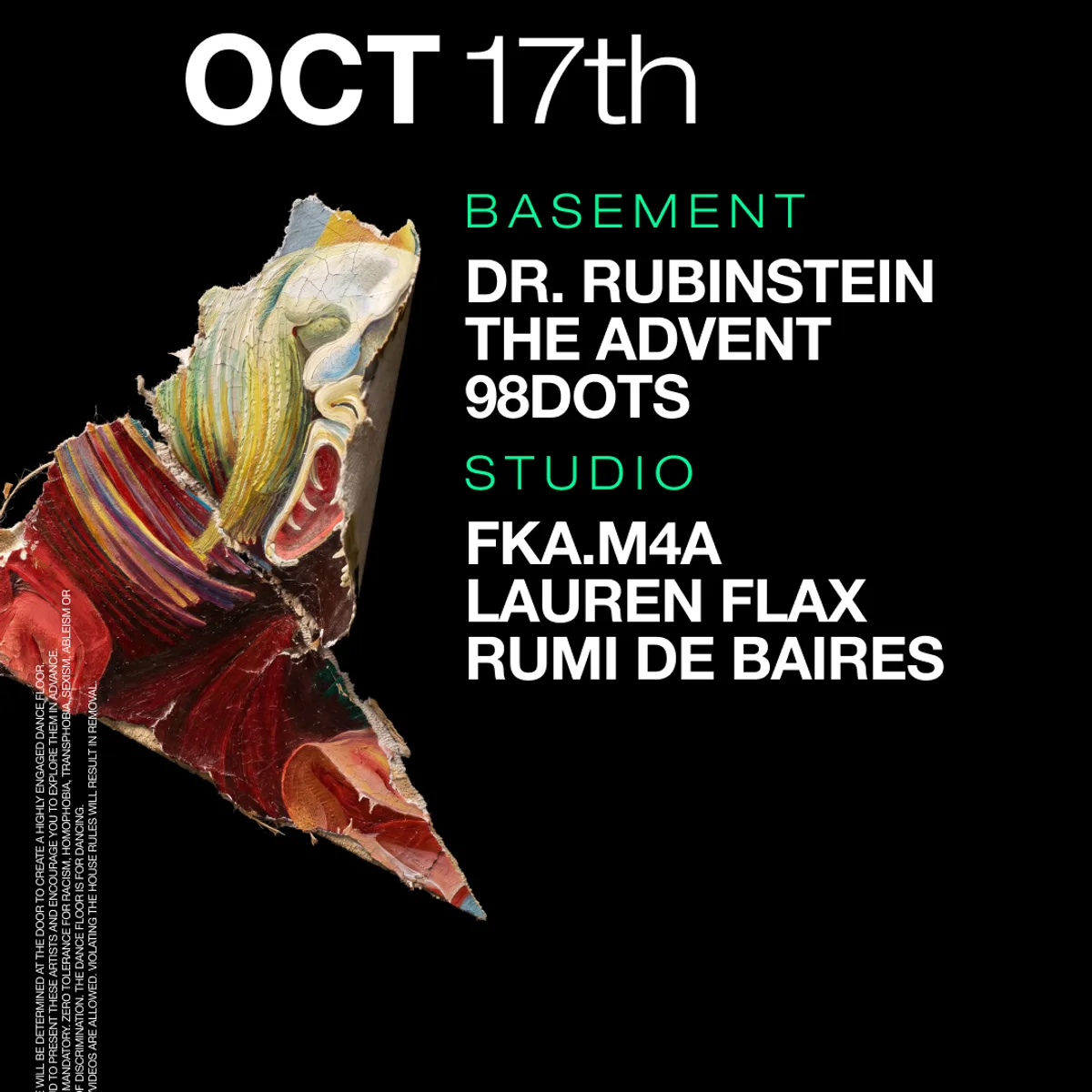 Dr. Rubinstein / The Advent / 98dots / fka.m4a / Lauren Flax / Rumi de Baires flyer