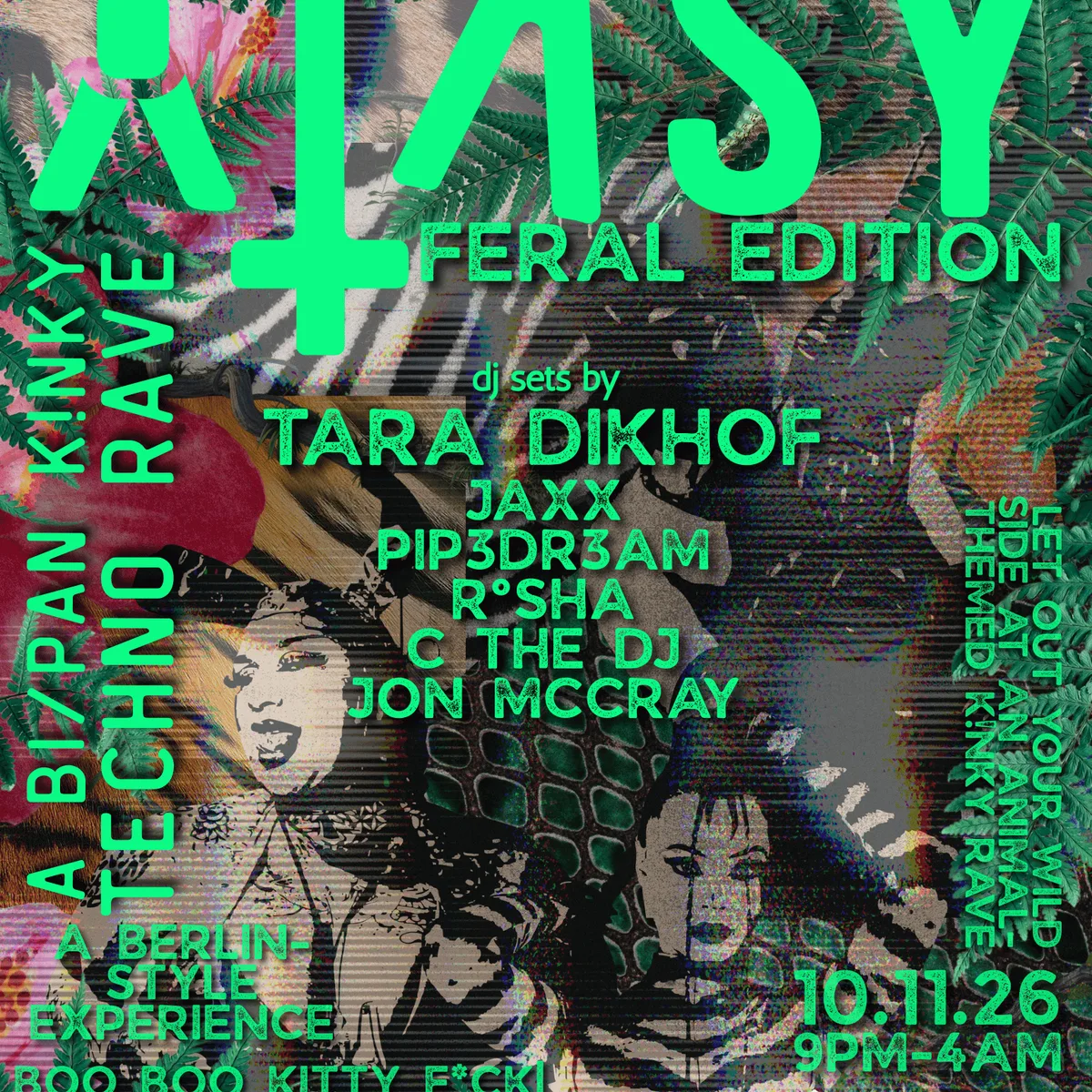 Xtasy 12: Feral presented by Tara Dikhof (bi/pansexual kink rave) flyer