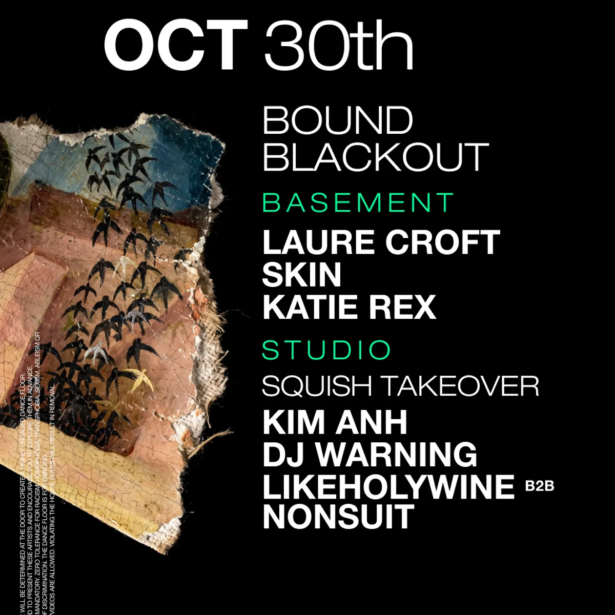 BOUND Blackout: Laure Croft / SKIN / Katie Rex / Kim Anh / Dj Warning / likeholywine / nonsuit flyer